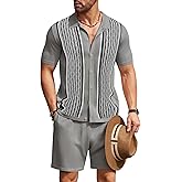 COOFANDY Men's 2 Piece Outfit Vintage Short Sleeve Button Down Knit Polo Shirts Casual Beach Shorts Sets