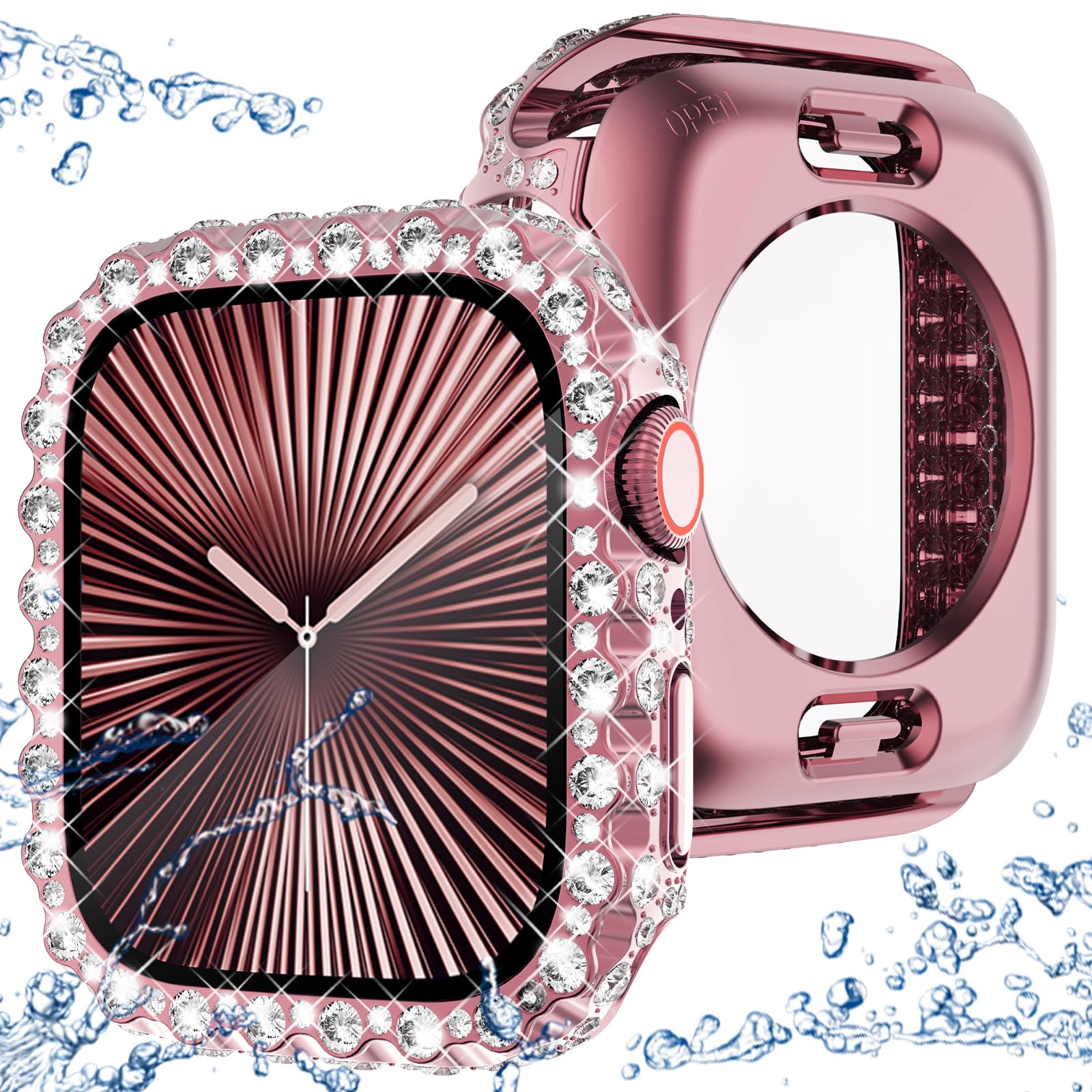 KADES 2 in 1 Bling Bumper Case for Apple Watch Series 10 46mm 360 Waterproof Diamond Protective Face Cover & Back Case for Women Hard PC Frame Protector for iWatch 46mm Pink