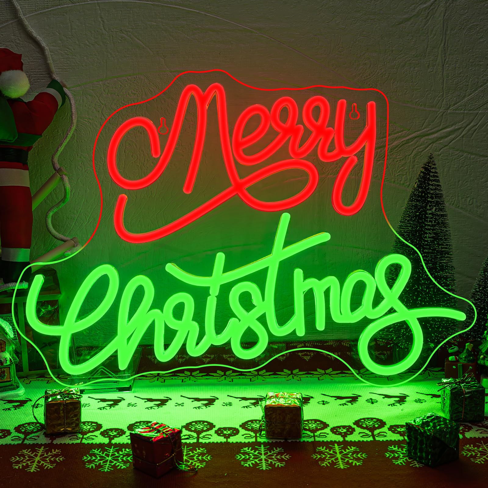SIGNSHIP Merry Christmas Neon Signs Red&Green Letters Christmas Neon Lights Dimmable Acrylic Neon Light with Switch Novelty Lighting for Wall Decor Christmas Party Kids Room New Year
