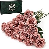 Waipfaru 16 Pcs Artificial Flowers Fake Silk Dusty Roses, Faux Real Touch Roses Bouquet with Long Stem for Wedding Party Home Decor (Dusty Rose)