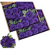 Lansdowns Artificial Flower Foam Purple Rose 50pcs Real Looking Fake Rose with Stems Leaves for Home Decoration Party Garden Centerpieces DIY Wedding Bouquets（Purple）