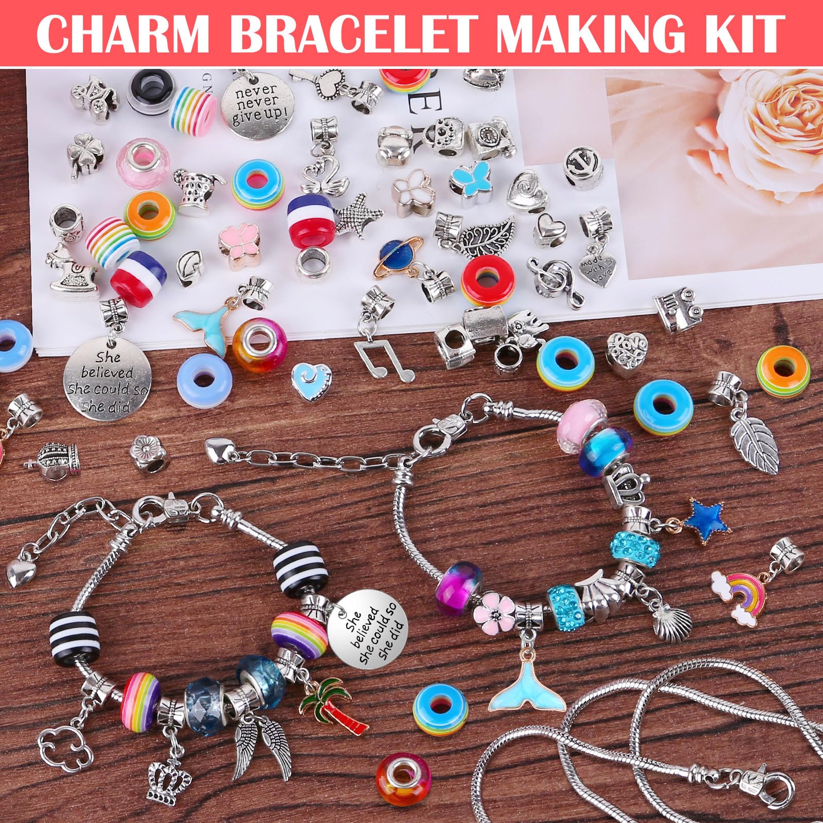Acejoz 85 Pcs Charm Bracelet Making Kit, DIY Charm Bracelets Beads for Adults and Beginner Jewelry Making Kit