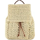 Anopo Women Beach Backpacks Purse Small Woven Straw Handmade Daypack Bohemian Style Shoulder Handbag for Casual Beach Holiday Beige