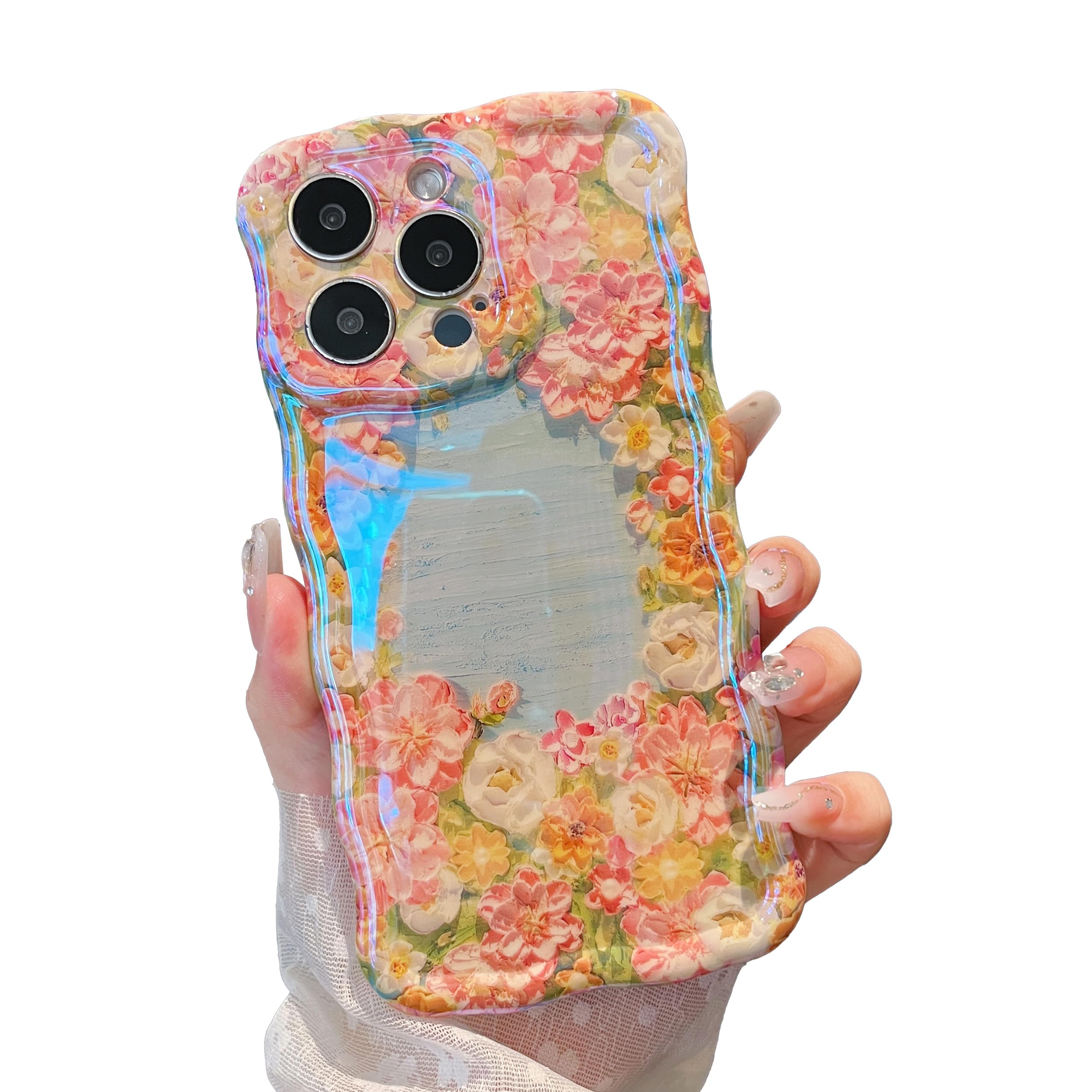 XIZYO Colorful Retro Oil Painting Flower Case for iPhone 13 Pro Max, Curly Wave Frame Laser Glossy Cute Floral Aesthetic Phone Case, Girls Women Slim Soft TPU Shockproof Cover, Wreath/Blue — image 1