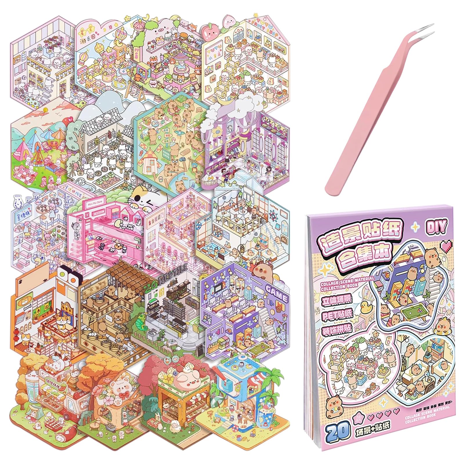 20 Sets DIY 3D House Stickers Scene Kit, 3D Miniature Scene Sticker Book, Stress Relief Creative Sticker Book with Tweezers, Fun Simulated Scene Miniature Stickers, Gift for Kids and Adults