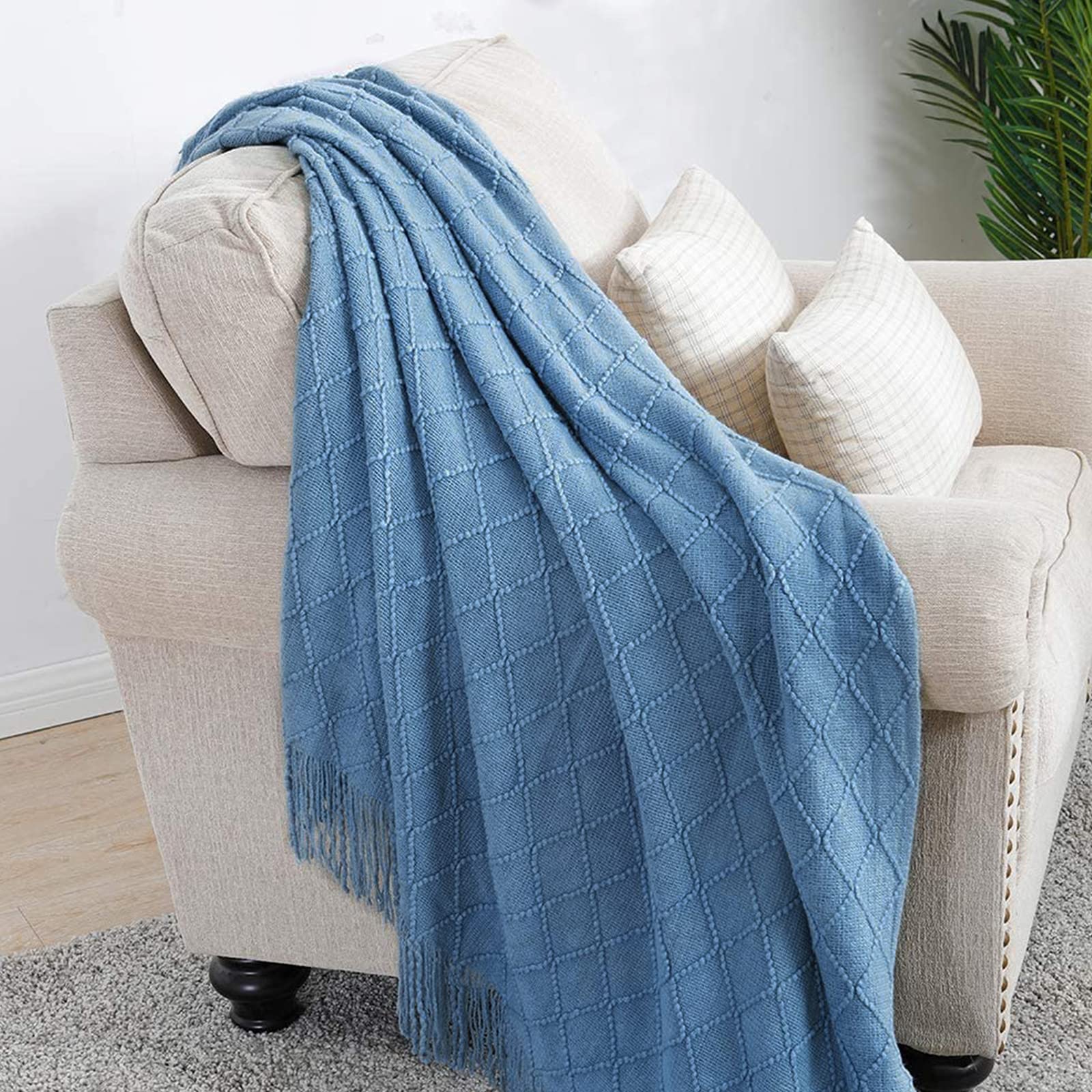 LumiSyne Knitted Throw Blanket With Tassel Solid Color Geometric Plaid Pattern Cozy Couch Cover Soft Bedspread Decorative Blanket For Sofa Bed Settee 230x130cm