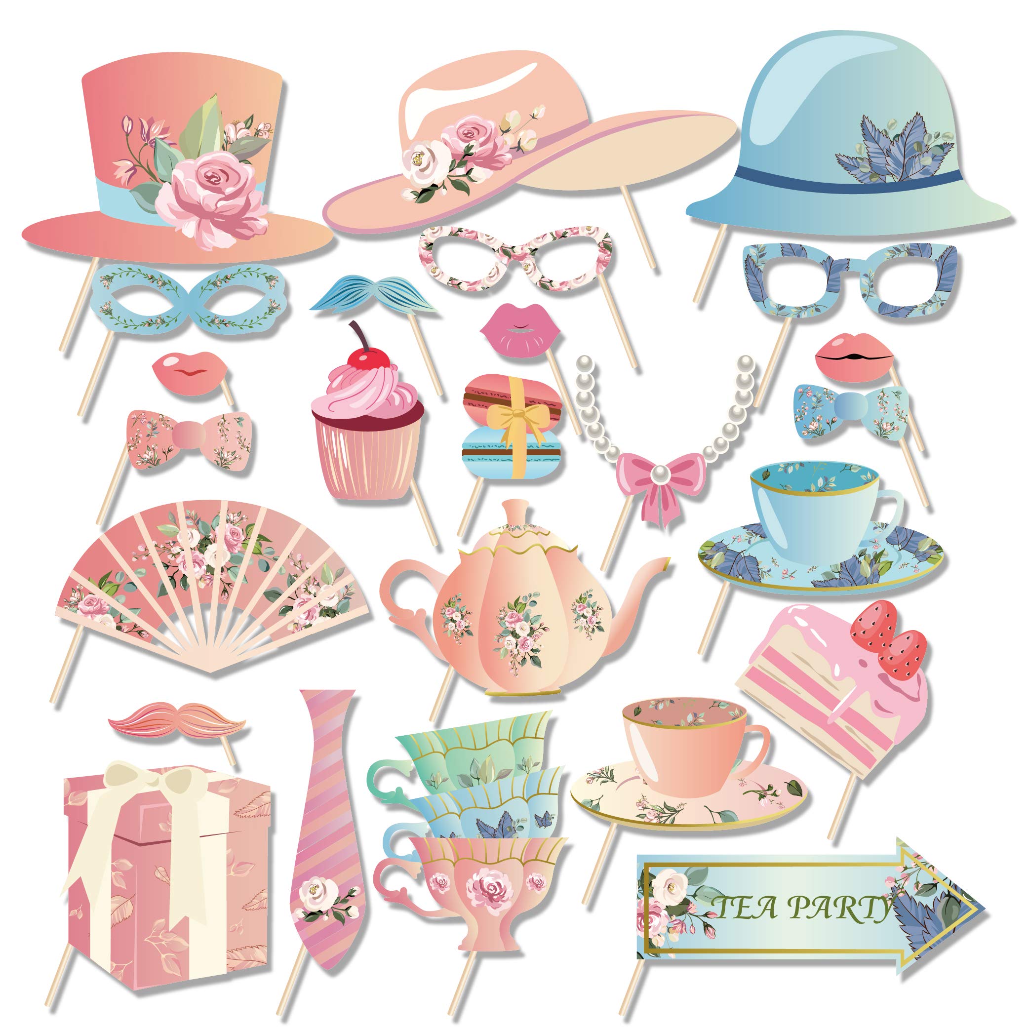 Photo 1 of 25Pcs Tea Party Photo Booth Props Kit DIY Teacup,Teapot Theme Selfie Props Garden Decorations Tea Party Decor for Girl Women Birthday Home Decor