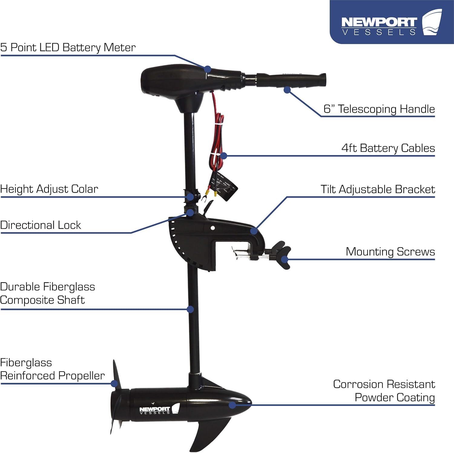 Newport Vessels NV-Series 55lb Thrust Saltwater Transom Mounted Trolling Electric Trolling Motor w/ LED Battery Indicator & 30" Shaft: Sports & Outdoors