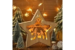 GHOSTMAGIC Nativity Scene Christmas Ornament, 3D Layered Holy Family LED Lights Decoration for Table/Shelves/Fireplace, Rustic Wooden Farmhouse Holiday Home Decoration (Wood Color)