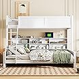 DNChuan Twin XL Over Queen Bunk Bed with Storage Shelves and USB Ports,Wooden Bunker Bed Frame and Underneath Bookshelf,No Box Spring Needed,Kids,Adults-Antique White
