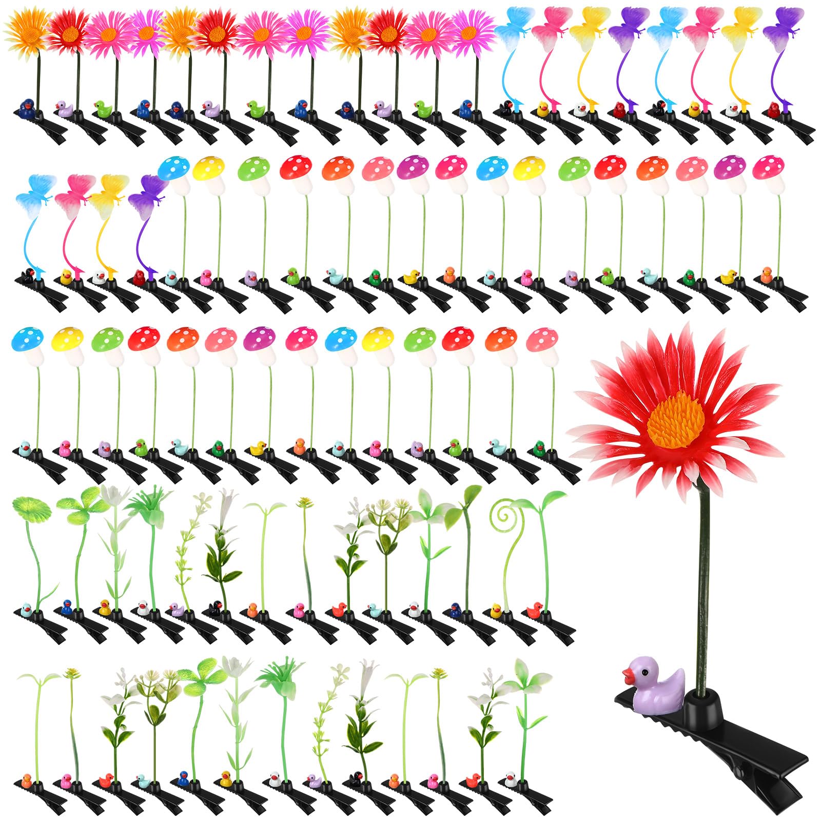Photo 1 of Tigeen 100 Pcs Rave Trinkets Festival Sprout Hair Clip Duck Mushroom Bean Sprout Clips Plant Flower Hairpins Funny Mixed Style Hair Accessories Headwear for Halloween Women Party (Nature)