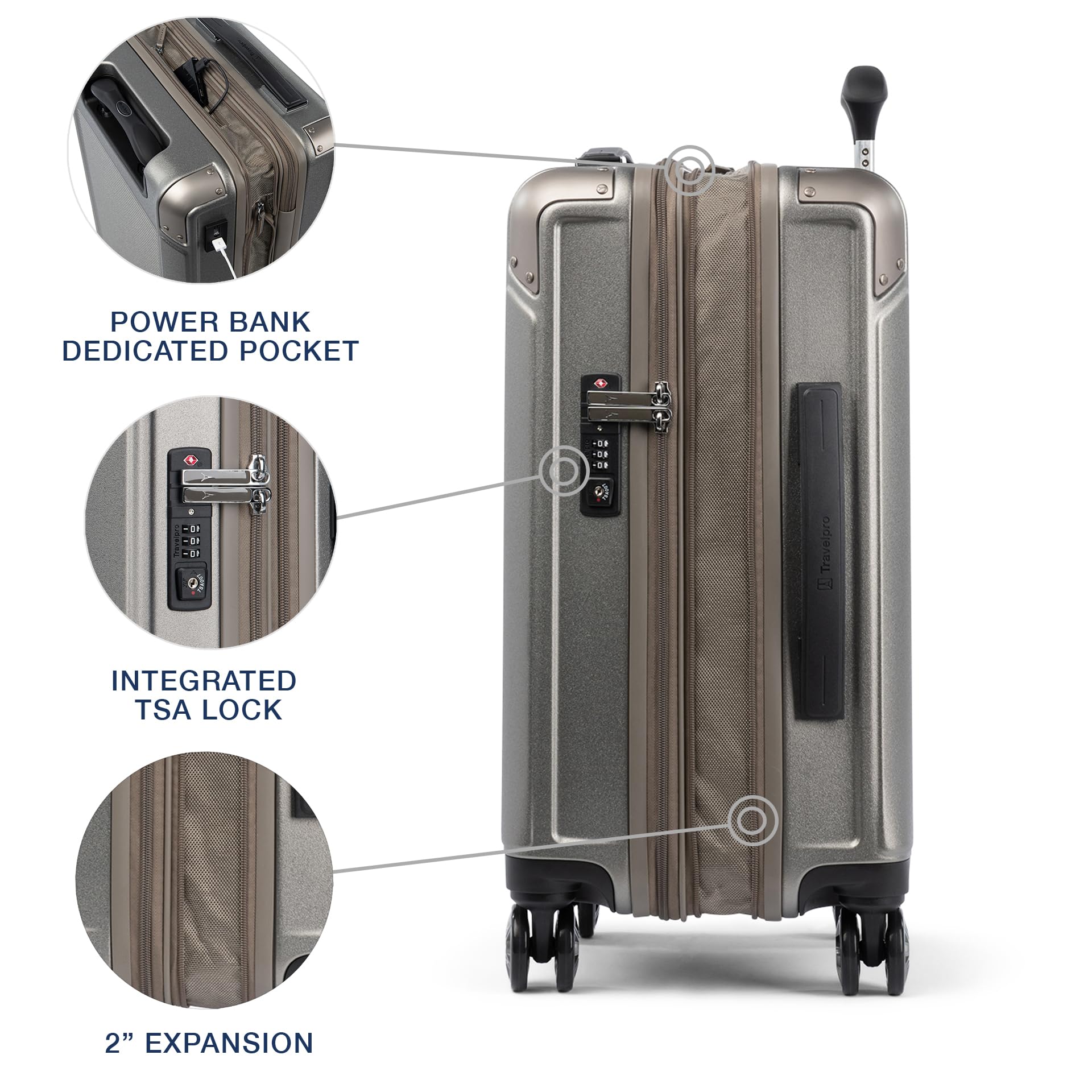 Travelpro Platinum Elite Hardside Expandable Carry on Luggage, 8 Wheel Spinner, TSA Lock, Hard Shell Polycarbonate Suitcase, Metallic Sand, Carry on 21-Inch