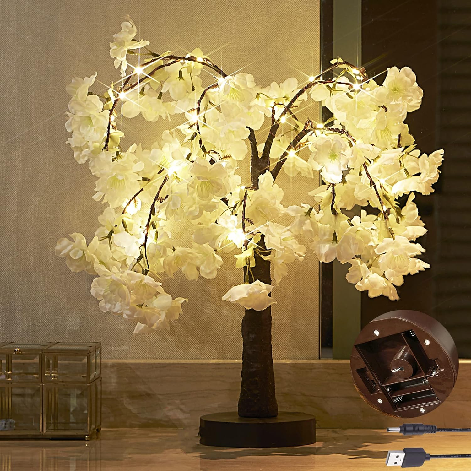 Trees - LITBLOOM Cherry Blossom Tree Lights Battery Operated or USB Powered with Timer 18IN 40 Fairy Lights for Wedding Party Table Decoration Inside