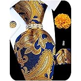 Kerfado 5PCS Tie and Pocket Square for Men, Silk Necktie and Handkerchief Cufflinks with Gold Ring and Lapel Pin Set