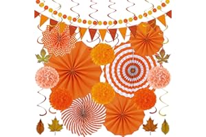 HEARTOME 27PCS Thanksgiving Decorations, Happy Thanksgiving Banner, Orange Yellow Harvest POMPOM Garland Paper Fan Hanging Swirls for Fall Harvest Party Decorations Decor Accessories Indoor Outdoor Supplies