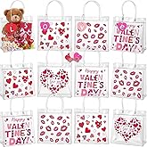 Amylove 12 Pcs Valentines Gift Bags Bulk Valentines Day Clear Gift Bags Bulk Valentine Clear PVC Goodie Bag with Handles Galentines Day Party Favors (Cute,Red,Rose Red,Pink)