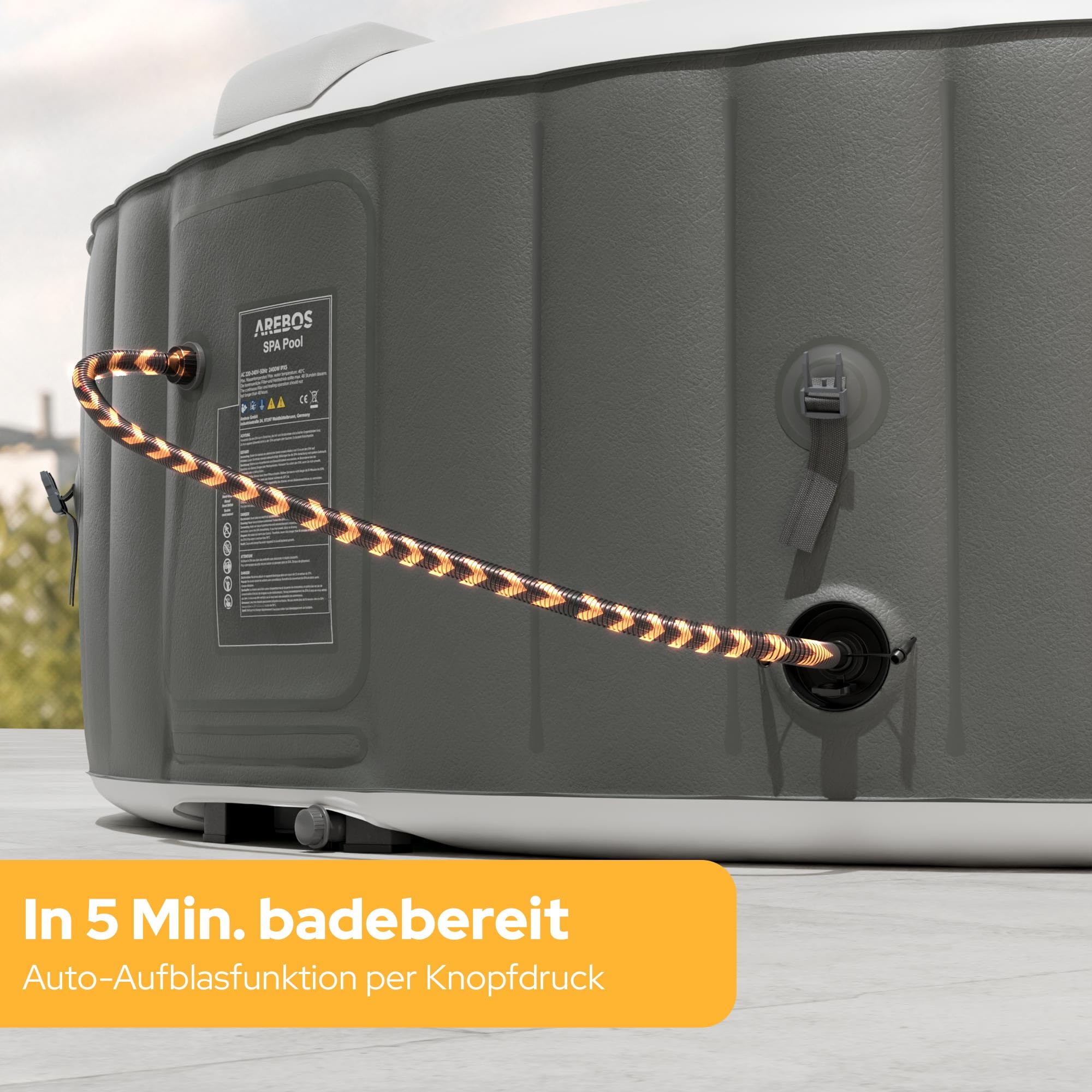 Arebos Whirlpool | aufblasbar | In- & Outdoor | 6 Personen | ⌀ 208 cm | 130 Massagedüsen | mit Heizung | 1.000 Liter | Inkl. Abdeckung | Bubble Spa & Wellness Massage 4