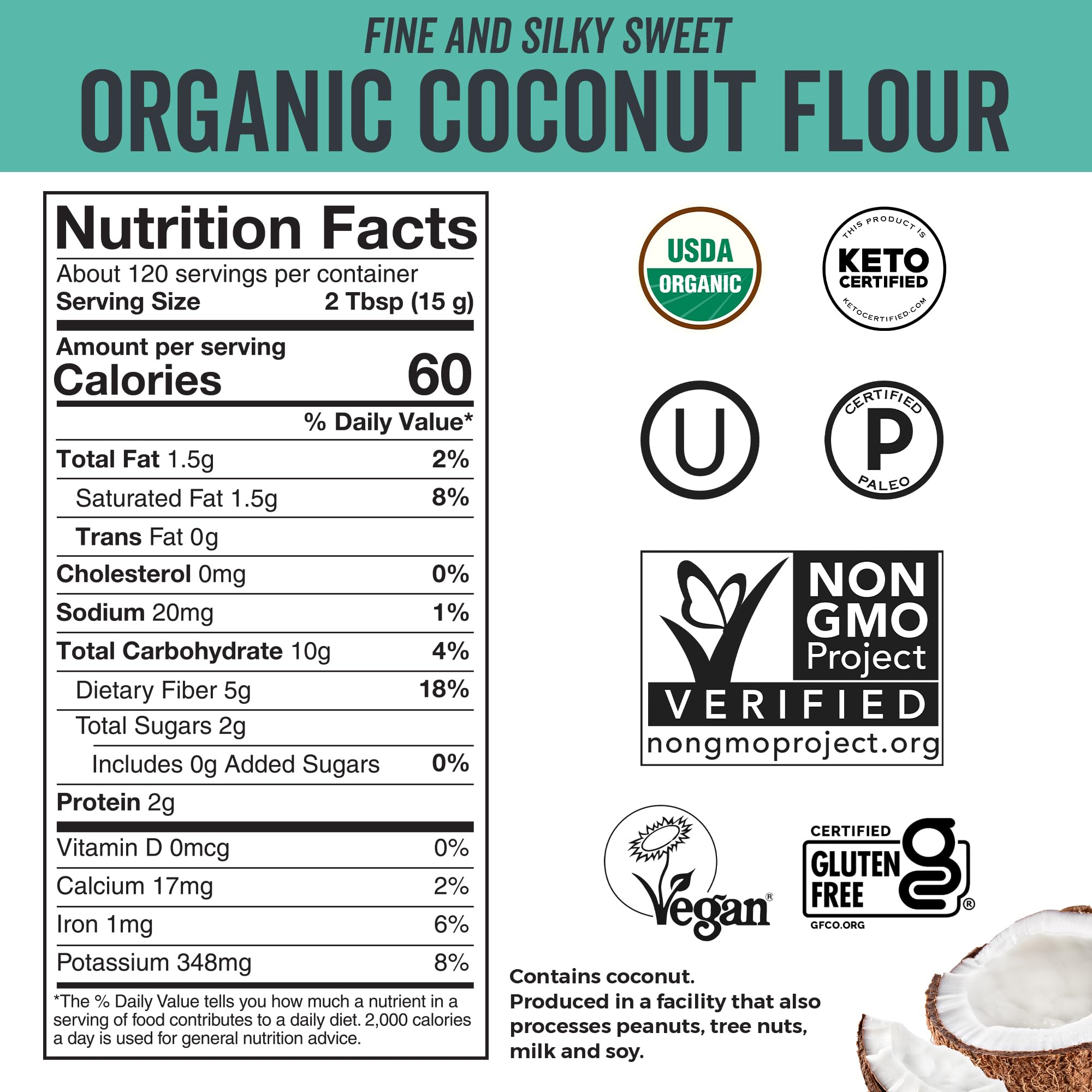 Viva Naturals Organic Coconut Flour (4 lbs) - Gluten Free Flour Substitute for Keto, Paleo and Vegan Baking, Low Fat and Good Source of Fiber Coconut Baking Flour, Non-GMO, Unbleached and Unrefined, 1.81 kg