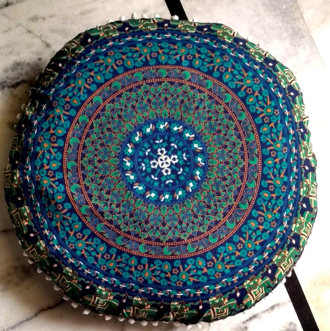 Anokhiart Green Nevy Blue 32" Mandala Barmeri Large Floor Pillow Cover Cushion Meditation Seating Ottoman Throw Cover Hippie Decorative Bohemian Pouf Cover Green