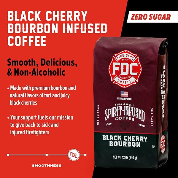 FIRE DEPARTMENT COFFEE – BLACK CHERRY BOURBON COFFEE – GIVES BACK TO FIREFIGHTERS – PREMIUM BOURBON INFUSED WHOLE BEAN – NON-ALCOHOLIC – ROASTED IN THE USA – VETERAN OWNED – 12 OZ