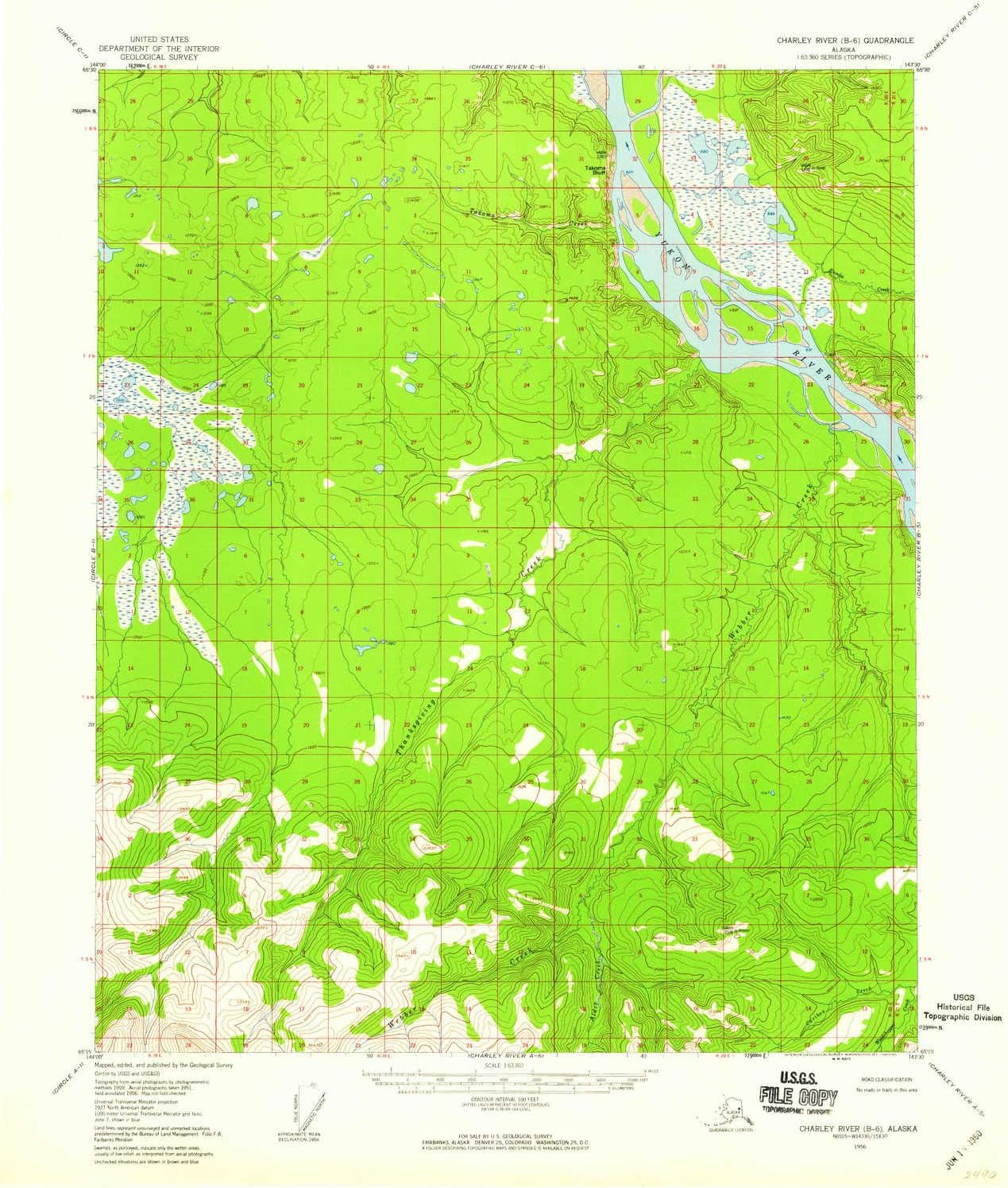 YellowMaps Charley River B 6 AK topo map, 1:63360 Scale, 15 X 15 Minute, Historical, 1956, Updated 1960, 21 x 18 in