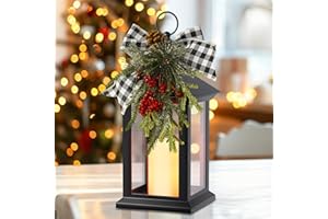 AFINETH 14" Christmas Lanterns Decorative Indoor, Black Lantern Decor with Timer Flameless Candle, Vintage Farmhouse Outdoor Lanterns, Waterproof Hanging Christmas Lantern for Patio, Porch, Entryway, 1 Pack