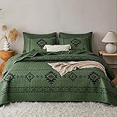 Wake In Cloud - Western Quilt Set, Southwestern Aztec Country Tribal Native American Rustic Ranch, Reversible Lightweight Bedspread Coverlet, 3 Pieces, Dark Olive Green, Queen/Full Size