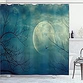 Ambesonne Horror House Shower Curtain, Halloween with Full Moon in Sky and Dead Tree Branches Evil Haunted Forest Print, Cloth Fabric Bathroom Decor Set with Hooks, 69