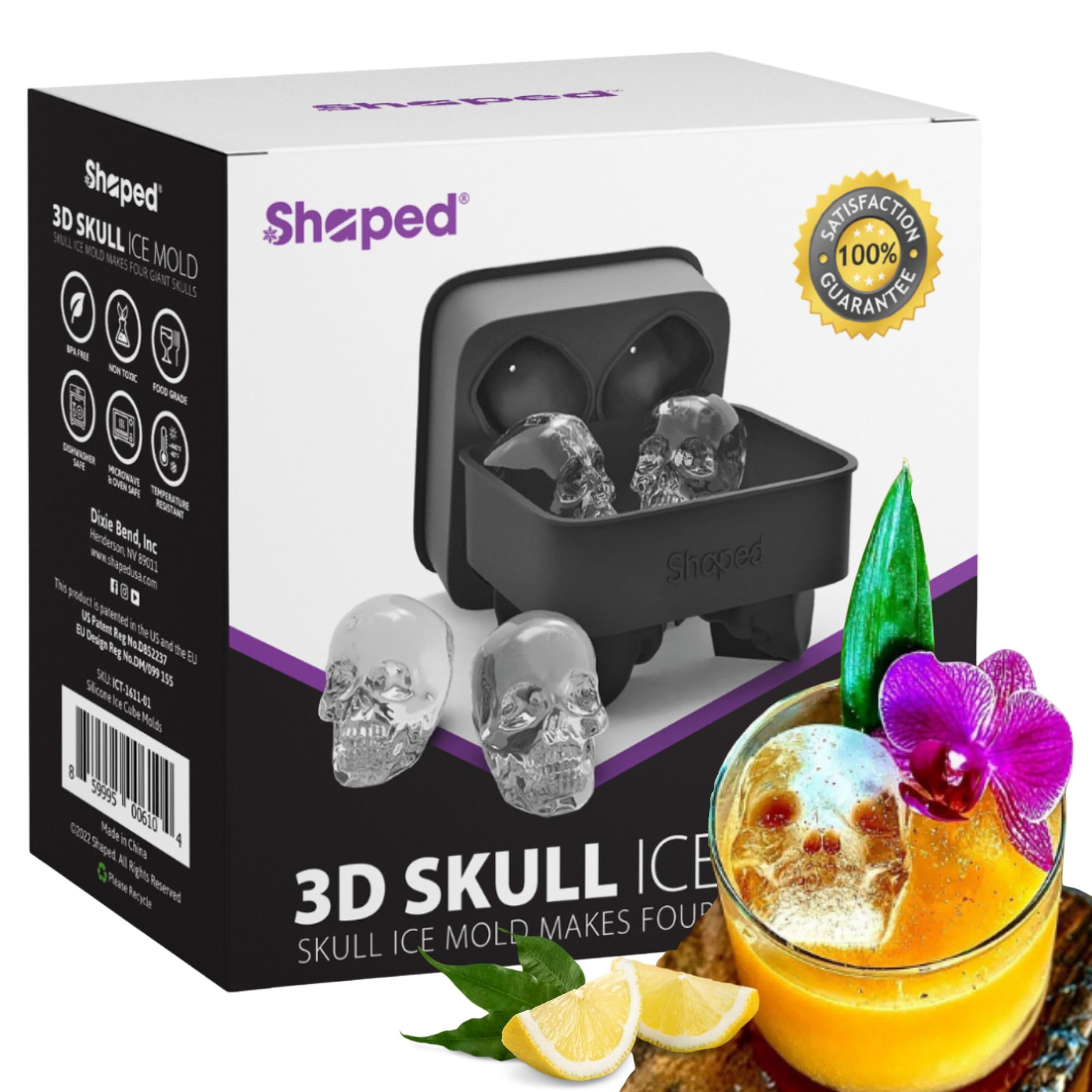 3D Skull Flexible Silicone Ice Cube Mold Tray, Makes Four Giant Skulls, Round Ice Cube Maker (Black)