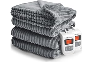 blunique Heated Queen Blanket Striped Electric Blanket - Heating Blanket Queen with 6 Heat Levels & 10 Hours Auto-Off, Cozy Soft Fleece Blanket, Washable, Fast Heating, 84 x 90 Inches, Grey