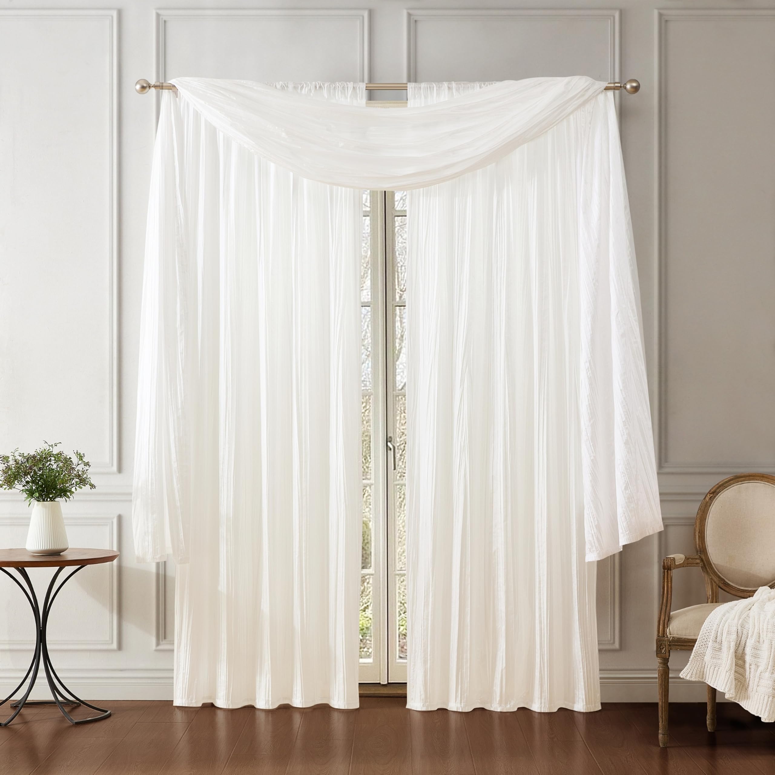 Elrene Home Fashions Athena Faux Crushed-Silk Window Curtain Panel and Valance Set, 52"x108" (2 Panels) & 1 Valance, White