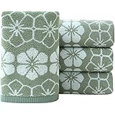 Pidada Hand Towels Set of 4 Floral Pattern 100% Cotton Absorbent Soft Decorative Towel for Bathroom (Green)
