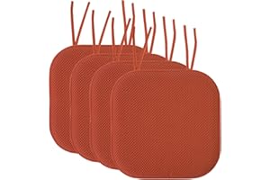 Sweet Home Collection Chair Cushion Memory Foam Pads with Ties Honeycomb Pattern Slip Non Skid Rubber Back Rounded Square 16" x 16" Seat Cover, 4 Pack, Rust