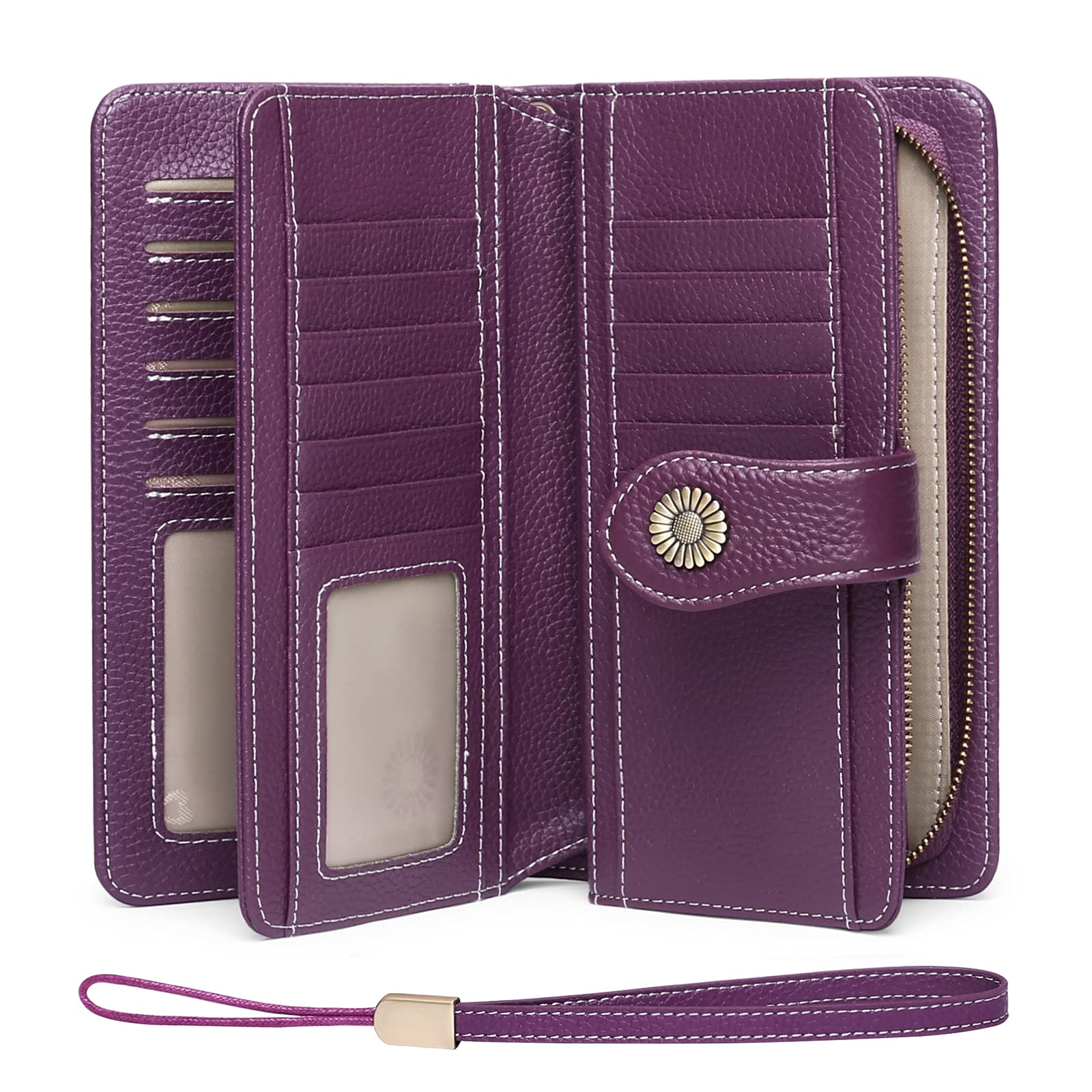 SENDEFN Genuine Leather Purses for Women, RFID Large Ladies Purse, Wallet for Women with Wrist Strap
