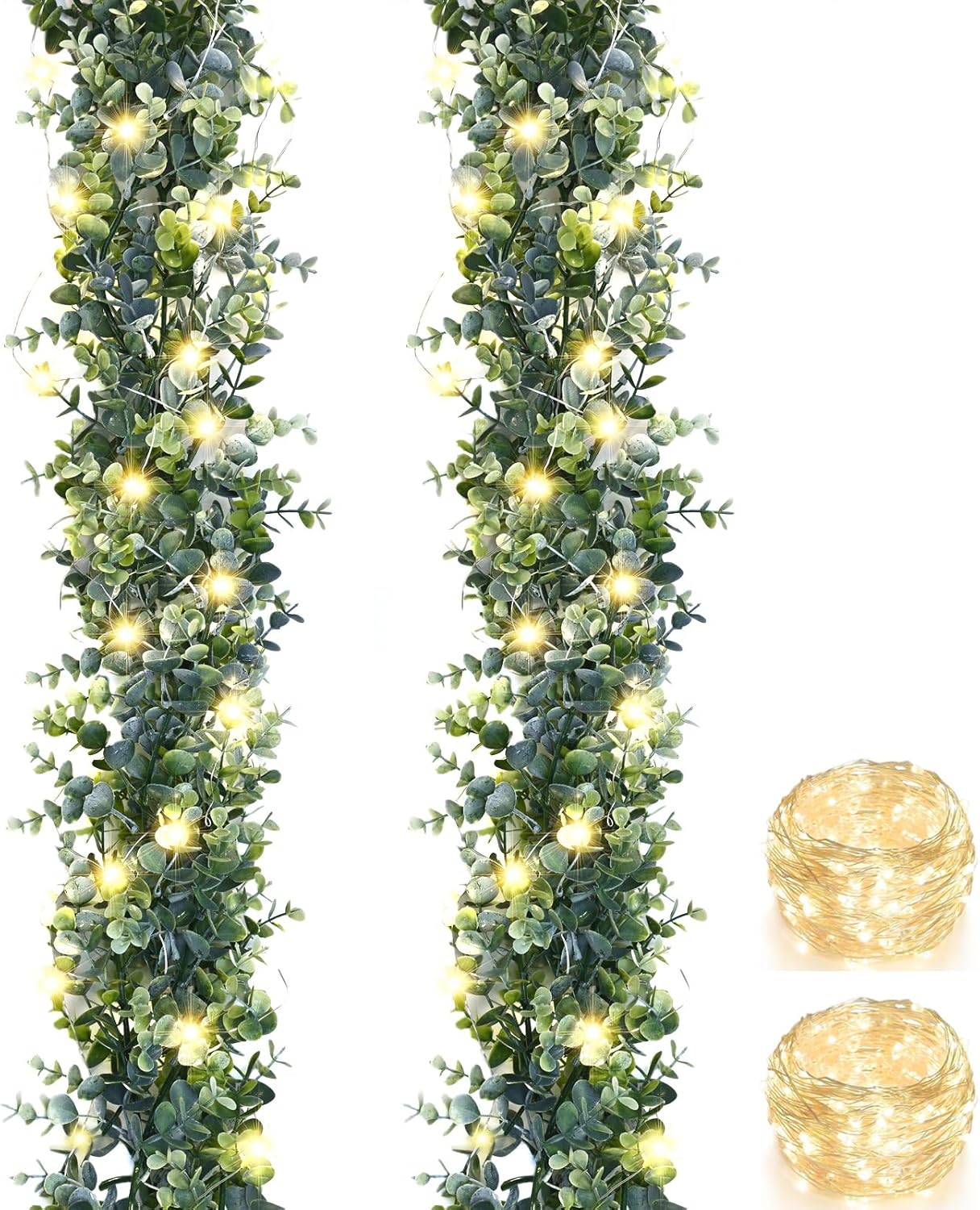 Wreaths, Garlands & Swags - BLEUM CADE 2 Pack Faux Eucalyptus Garland with Lights, 5.9Ft/pcs Artificial Greenery Garland Fake Garland Hanging Eucalyptus Vines for Wedding Backdrop Arch Party Home Table Decoration(Grey Green)