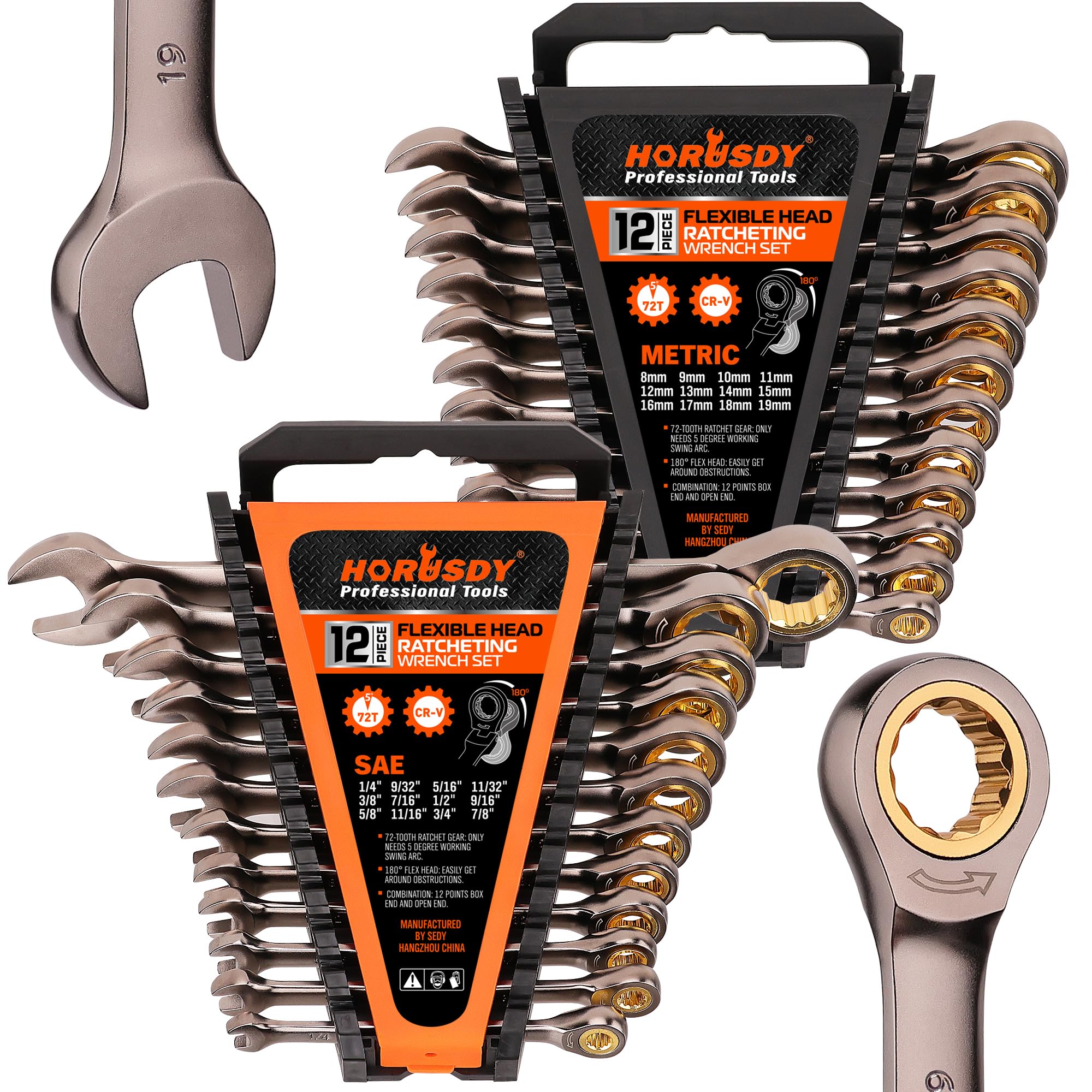 Photo 1 of HORUSDY 24-Piece Ratcheting Wrench Set | Metric and SAE | Ratchet Combination Wrenches Set with Organizer | 72-Teeth | Chrome Vanadium Steel | 8-19 mm & 1/4” to 7/8“
