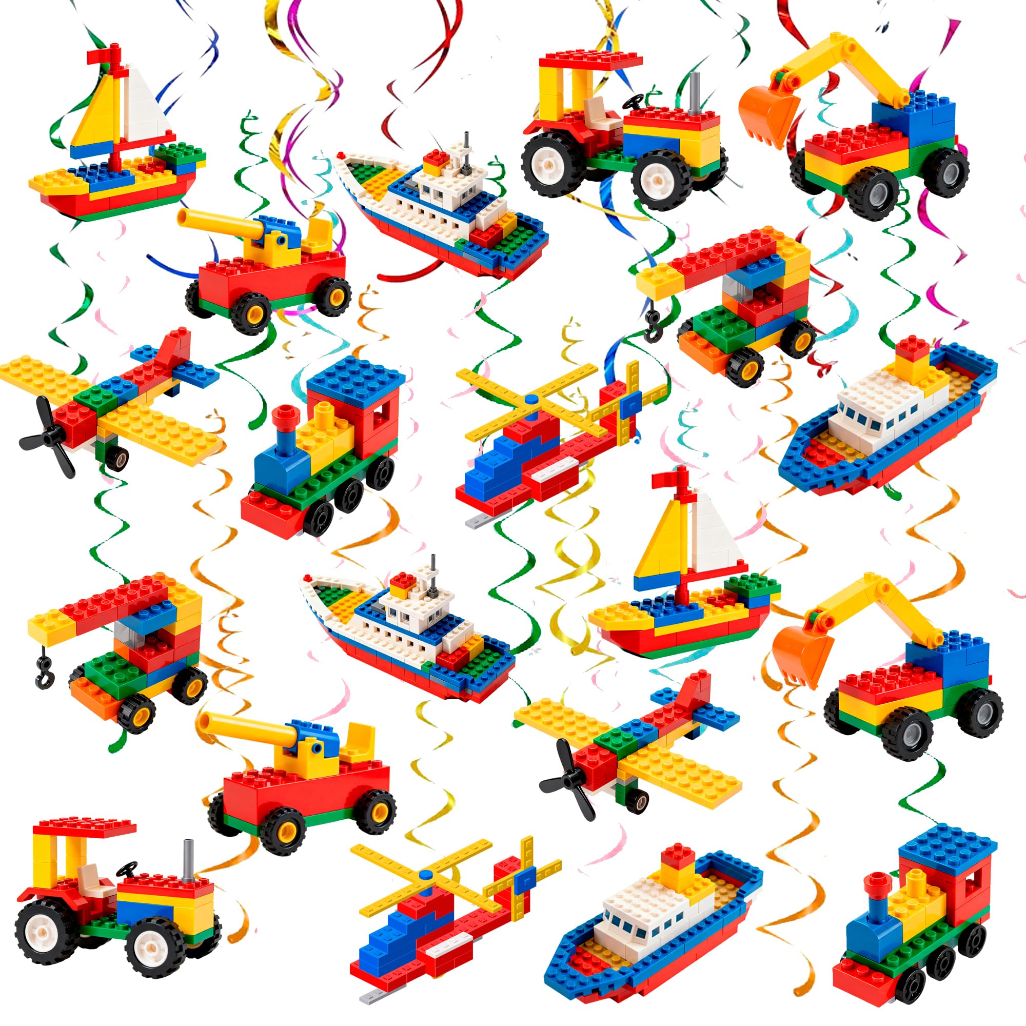 Photo 1 of 30pcs Building Block Party Haning Swirls Decorations, Building Block Plane Trains Hanging Swirls for Building Block Birthday Party Decorations Supplies