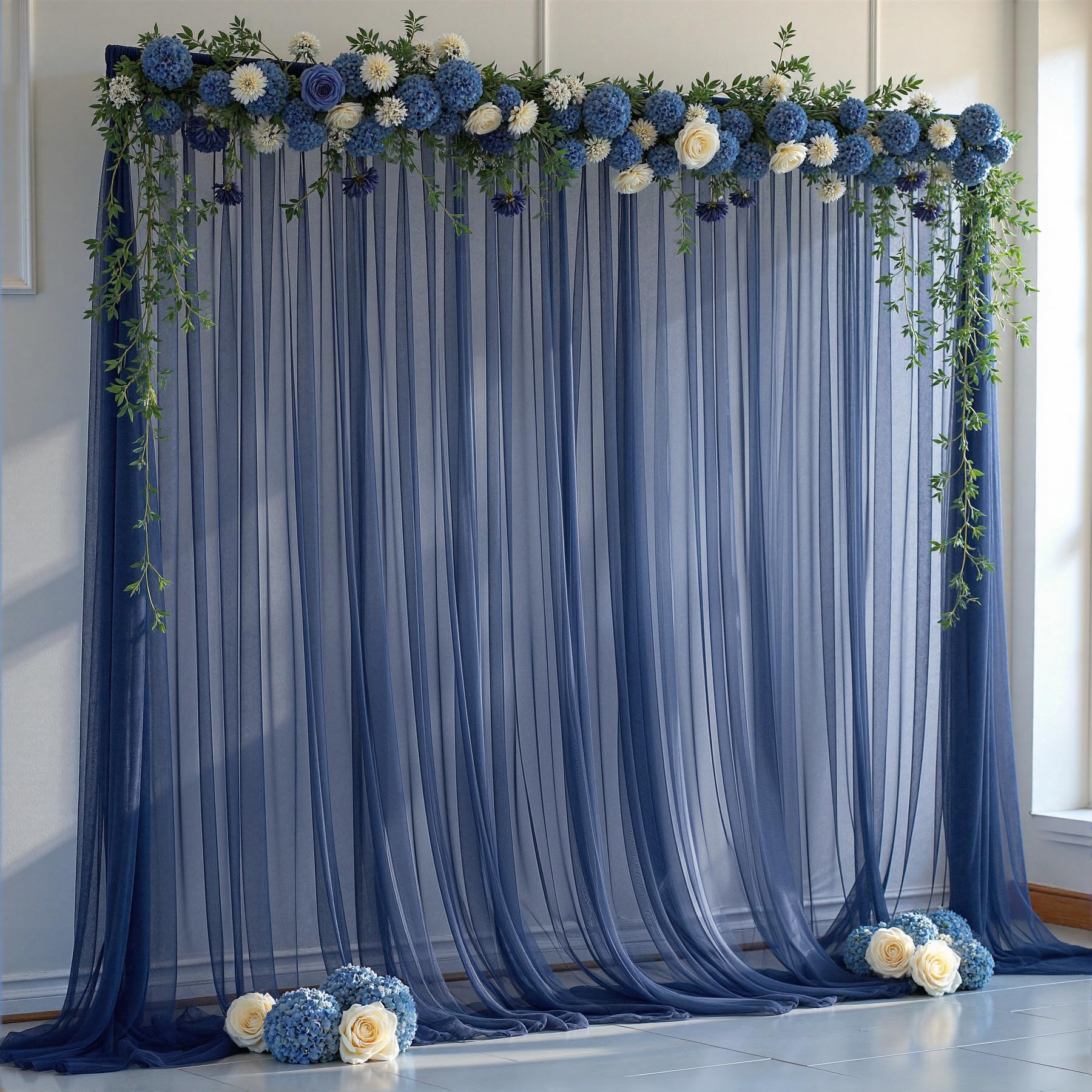 Photo 1 of 10x10FT Navy Blue Tulle Backdrop Curtains for Wedding Parties,2 Pack Sheer Photo Backdrop Curtains Ceiling Drapes for Birthday Party Baby Shower,Arch Fabric Background with Rod Pocket