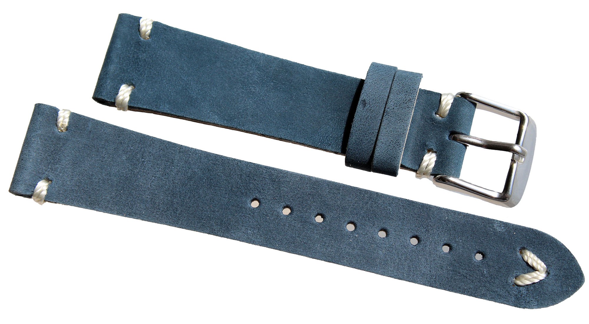 Leather watch strap, white seam, 22 mm/18 mm band in retro look, navy blue strap, BS top quality