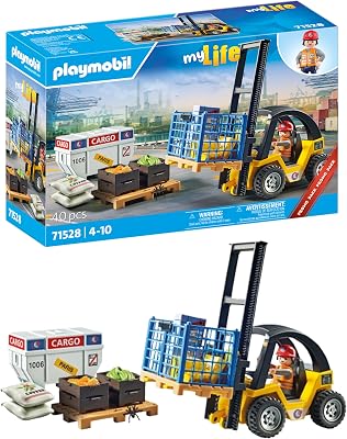 Promo Pack 71528 Chariot élévateur avec matériel - Pour déplacer des charges lourdes - Comprend un transpalette et des palettes avec des colis et des sacs de café- Univers myLife - Dès 4 ans