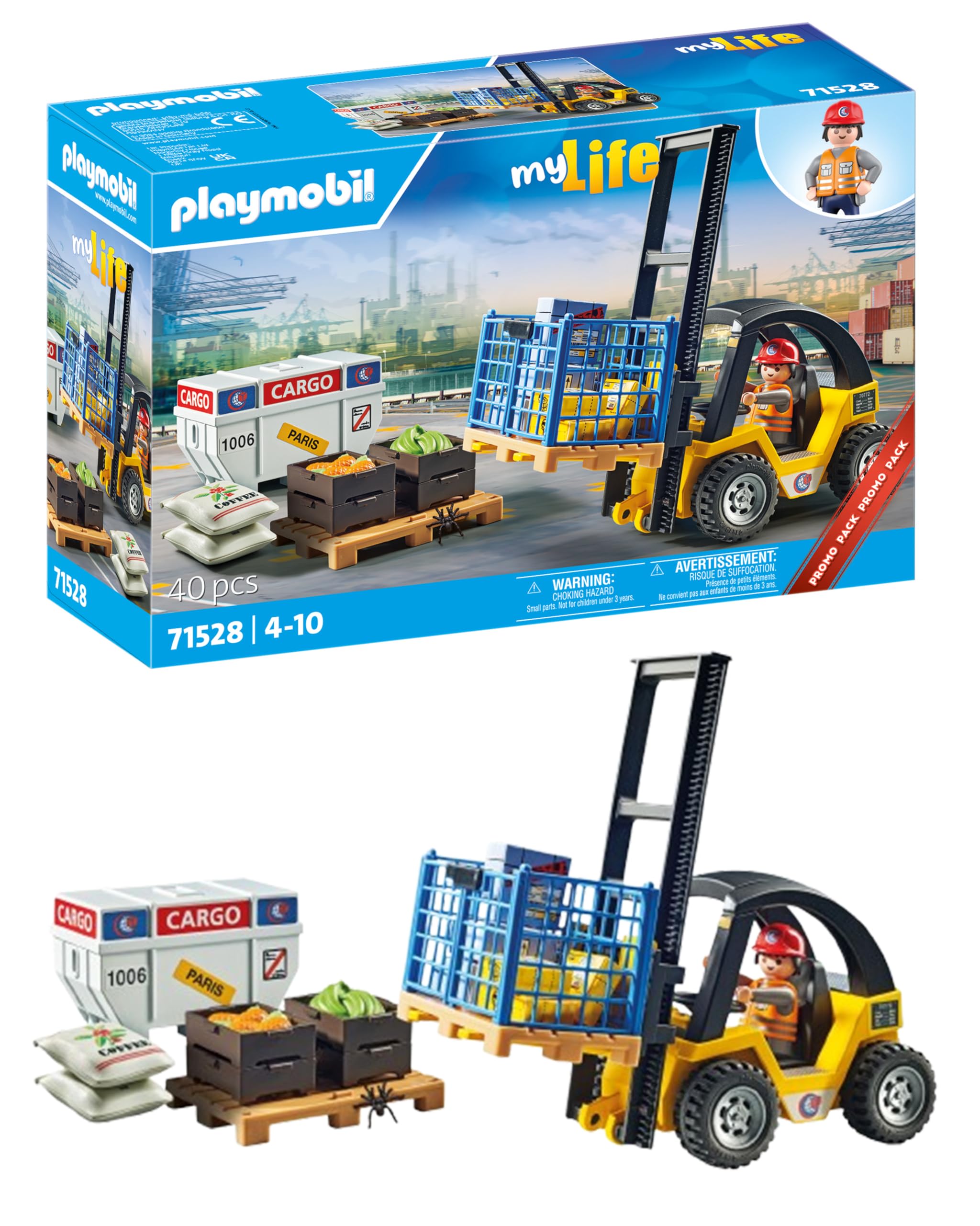 PLAYMOBIL myLife Promo Pack 71528 Carrello elevatore, Lavoro logistico emozionante al Porto, Inclusi Pallet e numerosi Articoli di Magazzino, Giocattolo per Bambini dai 4 Anni in su