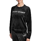 DKNY womens Rhinstone Logo Novelty Velour Raglan Pullover Sweatshirt