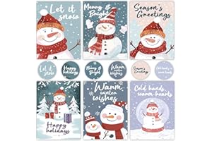 NESCCI 24 PCS Snowman Cards,Holiday Cards With Envelopes and Stickers,4x6 Inches,6 Different Designs of Snowman Greeting Cards,Cute Snowman Greetings, Kids Holiday Card