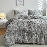 Wajade Faux Fur Plush White Comforter Set Fluffy Fuzzy Shaggy Bedding Set - 3PC Full/Queen Microfiber Soft Warm Quilt Set (Tie Dye Grey White, Full)