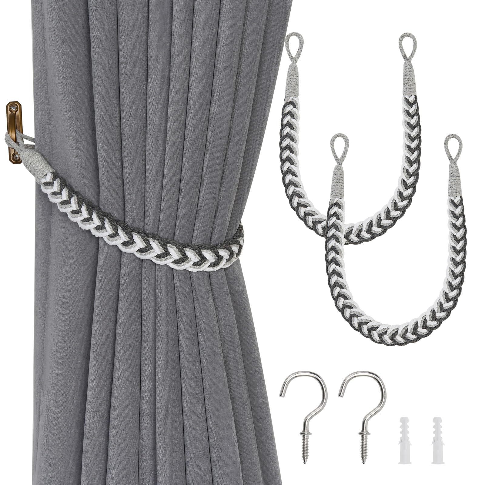 Pretty Jolly 2 Pack Natural Cotton Rope Curtain Tiebacks Elegant Boho Style Decorative Drape Tie Backs Soft Hand-Woven Rope Curtain Holdbacks with Metal Hook for Home Office Drapery (Grey & White)