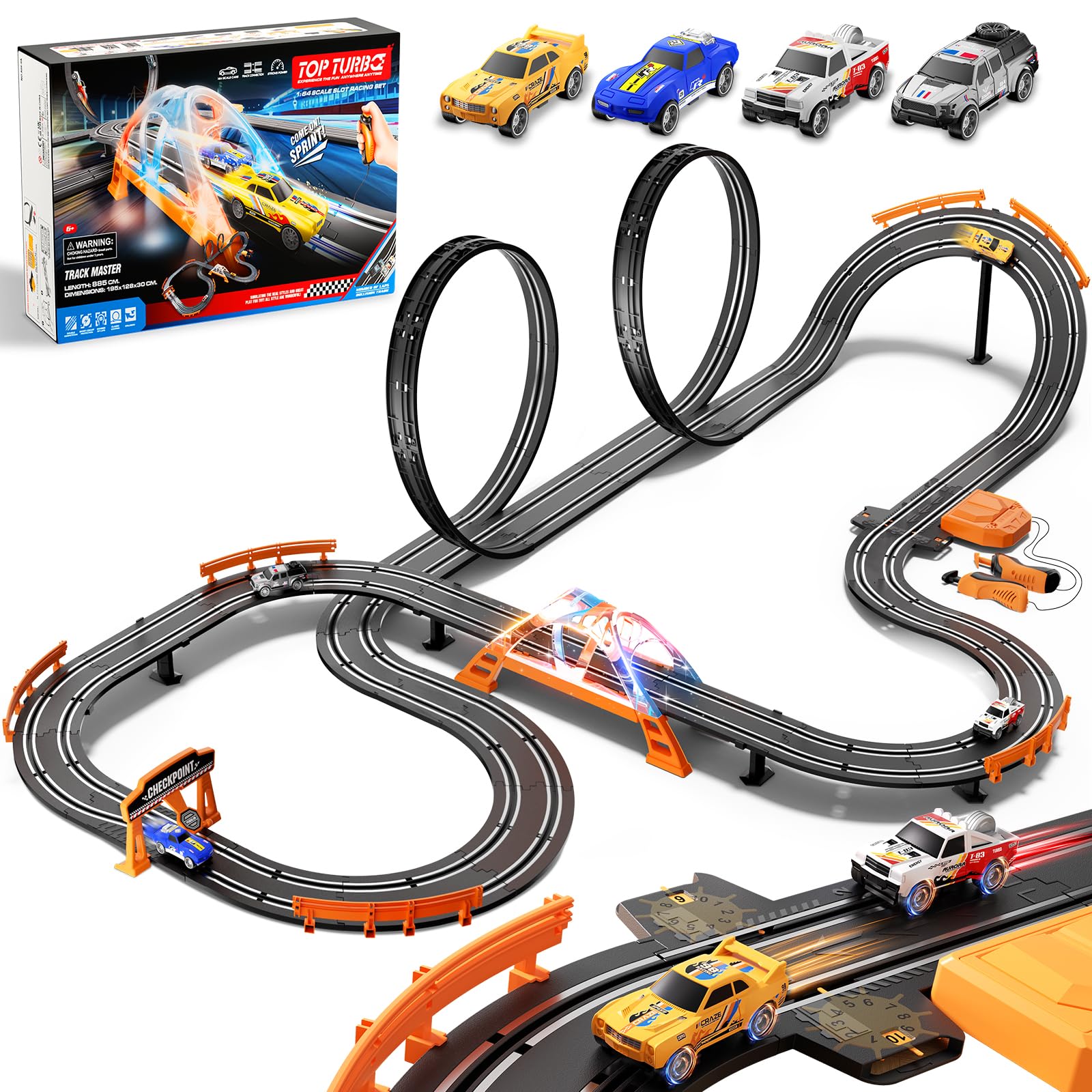 Photo 1 of SUFICY Slot Car Race Track Set for Kids – 29ft Electric Race Car Track with 4 Slot Cars, Dual Racing Tracks, Lap Counter & LED Overpass, Car Track Toy Gift for Boys Ages 6–12