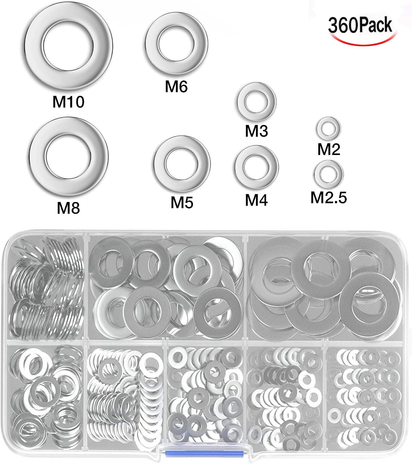 Xrten 360 Pcs Stainless Steel Plain Washers, Flat Washers Assortment Kit (M2 M2.5 M3 M4 M5 M6 M8 M10) - Image 3
