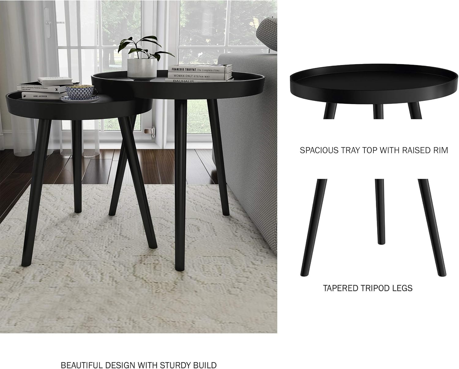 Lavish Home Contemporary Decor and Home Accent Table with Tray Top (Black, Set of 2),: Furniture & Decor