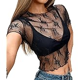 Women's Slim Fitted Floral Lace Crop Top, Ruffle Lettuce Hem Short Sleeve Sheer Mesh Top – See Through Stretch Sexy Shirt