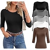 Huukeay 5 Pack Women's Elbow Sleeve Tops 3/4 Sleeve Round Neck T-Shirt Slim Fit Casual Stretchy Tunic Basic Tees Bulk